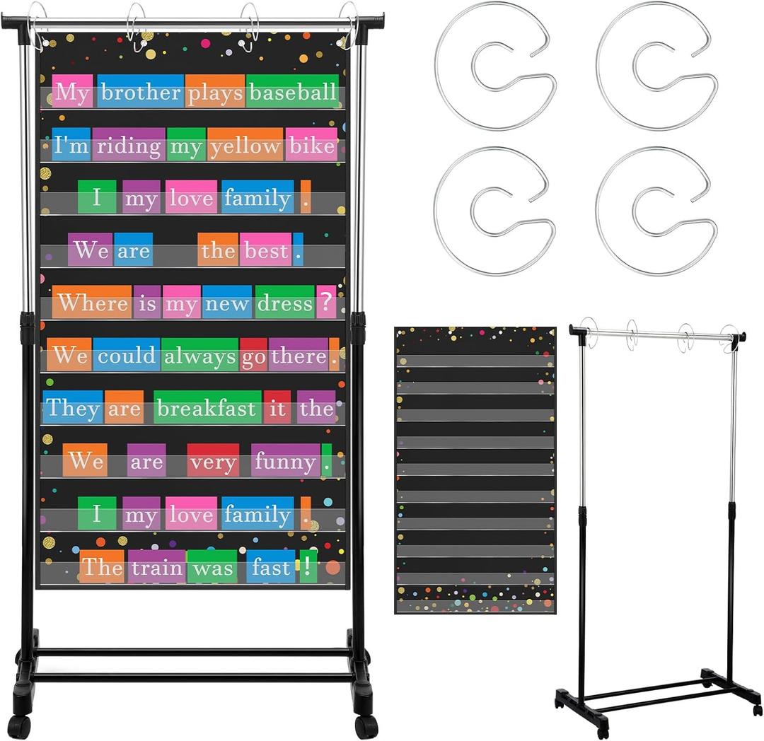 6 Pcs Adjustable Pocket Chart Stand Include 1 Expandable Flip Rack with Wheels 1 Confetti Standard Pocket Chart 4 Hangers for Classroom Teacher Supplies Home Educational Tools