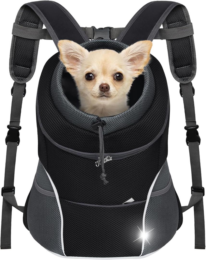 YUDODO Dog Front Carrier Backpack, Adjustable Breathable Pet Carrier for Small Dogs, Ventilated Puppy Back Pack with Safety Belt, Lightweight Doggy Backpack for Hiking Outdoor (Black, S: 2-4.5 lbs)
