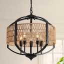 5-Light Rattan Chandelier 19.7" Modern Farmhouse Chandelier for Dining Room, Boho Hand-Woven Rattan Pendant Light with Natural Wicker Shade for Living Room Kitchen Island Bedroom Foyer (Round "V" Weave)