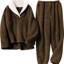 Tanming Womens Fluffy Pajamas Set Fleece Pullover Pants Plush Loungewear Sleepwear (Small, Brown)