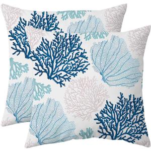 weesire Nautical Coastal Throw Pillow Covers Set of 2 Beach Themed Ocean Coral Sea Turtle Decorative Pillow Cases Outdoor Sofa Cushion Cover for Bedroom Living Room, 16x16, Blue