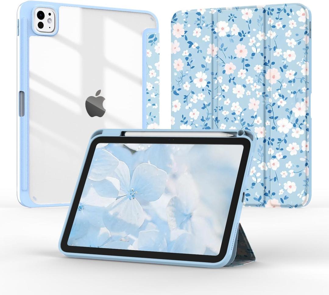 Case for iPad Pro 11-inch (M4) 5th Generation 2024,Slim Tri-Fold Smart Folio Auto Wake/Sleep with Clear Back/Pencil Holder Cover for iPad Pro 11" 5 Gen (Floral Blue)