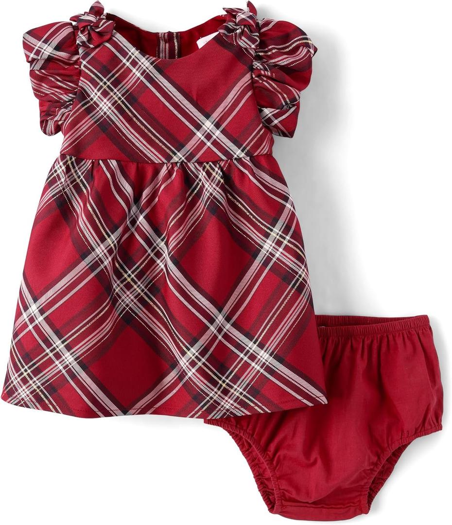 The Children's Place Baby Girls' And Newborn Short Sleeve Dressy Dress and Diaper Cover Set (6-9 Months, Red Ochre Plaid)