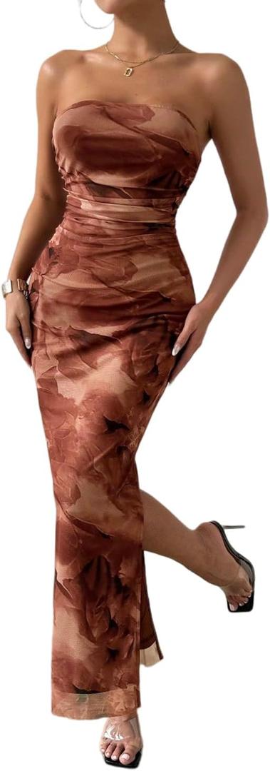 LIGHT DOT Women's Summer Dress Printed Strapless Tube Bodycon Maxi Side Slit Mesh Layered (Medium, Coffee)