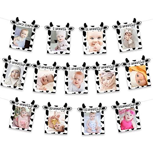 JOYMEMO 13PCs Cow 12 Month Photo Banner - 1st Birthday Baby Banner for Newborn to 12 Months, Cow Print Party Decorations, Farm Barnyard Cowboy Cowgirl First Birthday Party Supplies