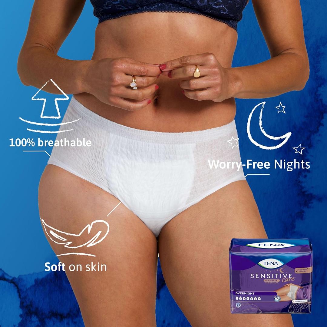 Tena Sensitive Care Overnight Incontinence Underwear for Women, Bladder Control and Postpartum, Small/Medium, 10 Count (Waist Size: 25in-35in)