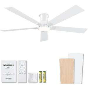 60 Inch White Flush Mount Ceiling Fans with Lights, 3CCT Dimmable LED, 6-Speed Remote Control, Reversible Motor,Quiet Low Profile Energy-Efficient for Bedroom & Living Room,ETL Listed