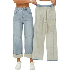 EMMIOL Fleece Lined Jeans Women Baggy, Wide Leg Denim Pants Winter Warm Loose Fit Flannel Lining Y2K Boyfriend Womens (Large, Light Blue)