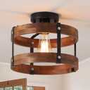 Rustic Farmhouse Wood Flush Mount Ceiling Light Fixture 1 Light Oak Wood and Metal Round Drum Semi Flush Mount Ceiling Light for Kitchen Hallway Entryway Bedroom Farmhouse Country, Black