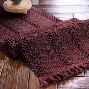 Alynsehom Macrame Table Runner Burgundy Boho Table Runners with Tassels Hand Woven Cotton Table Runner Rustic Farmhouse Table Runners for Bohemian Kitchen Dining Table(12x95in)