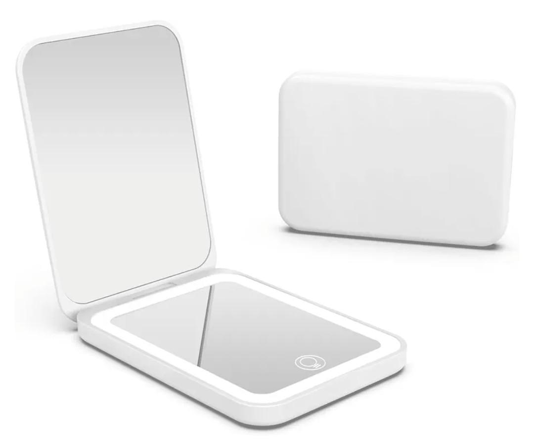 Kintion 2025 Pocket Mirror, Rechargeable Dimmable 3 Color Lighting 1X/3X LED Compact Travel Makeup Mirror for Purse, Portable, Folding, Handheld, Small Lighted Mirror for Women Gift, White