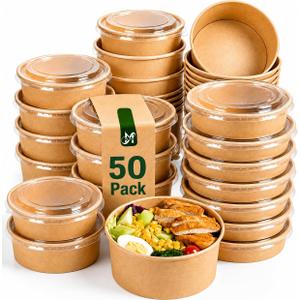 50Pcs 32 Oz Disposable Bowls with Lids, Kraft Paper Soup Bowls, Disposable Salad Bowls with Lids, Large Paper Bowls for Meal Prep, Hot & Cold Food