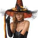 Halloween Women Witch Hat with LED Lights Costume Gauze Feathers Spiders Decoration for Festival Carnival Party (Orange)