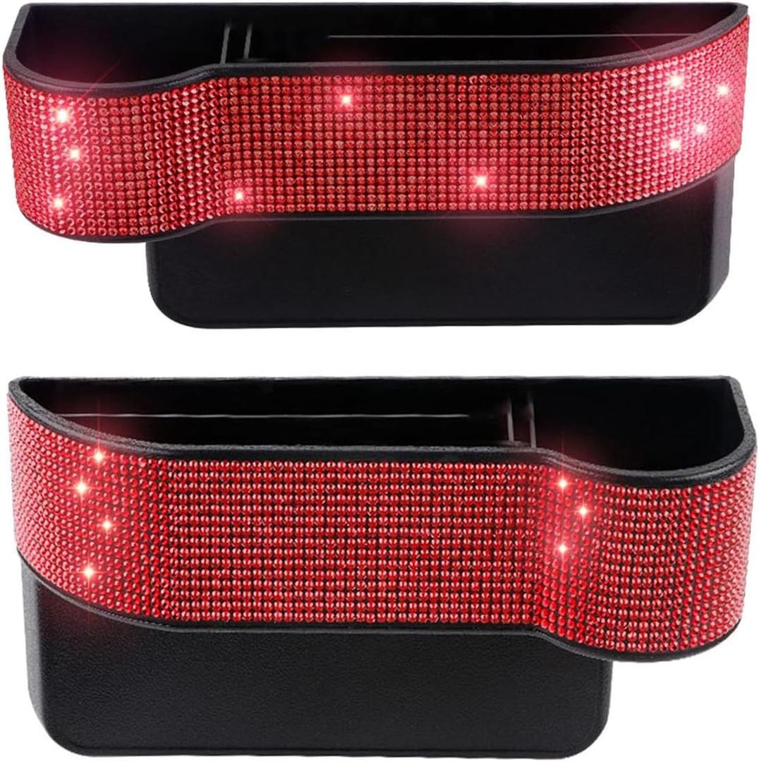 Bling Bling Car Seat Gap Filler, Car Seat Console Pockets Organizer Caddy Catcher, Crystal Auto Console Side Pouchs for Cellphone Wallet Coin Key Credit Card (Driver side & Passenger side-Red)