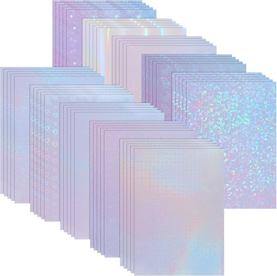 KEILEOHO 50 Sheets Holographic Sticker Paper, 8.5 x 11 Inch Clear Vinyl Holographic with 10 Mixed Styles Self-Adhesive Waterproof Laminate Film for DIY Crafts, Scrapbooking, Stickers, Decals