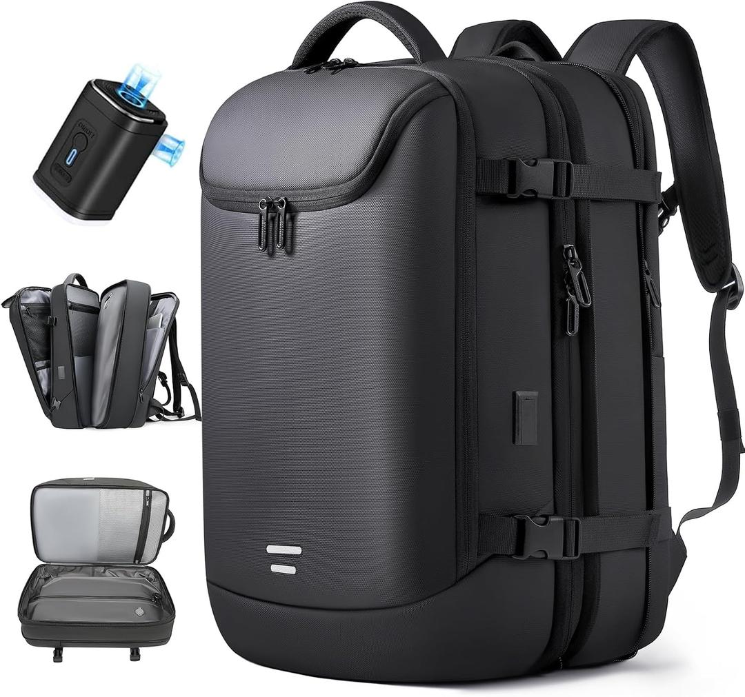 TANGCORLE Vacuum Backpack Travel with Pump, 40L Expandable Carry on Compression Backpack Flight Approved for Women Men Fit 17 Inch Laptop with USB Charging Port Business Weekender