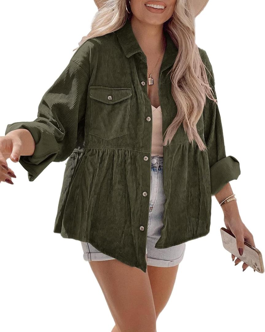 Tutorutor Womens Corduroy Shirts Casual Long Sleeve Button Down Blouses Tunic Babydoll Dress Loose Pocket Jacket Shackets (Medium, Green)
