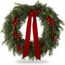 24'' Artificial Cedar Wreath for Front Door Christmas Wreaths Faux Cedar Decorated with Berry and Ribbons Xmas Wreath for Indoor Window Holiday Decor