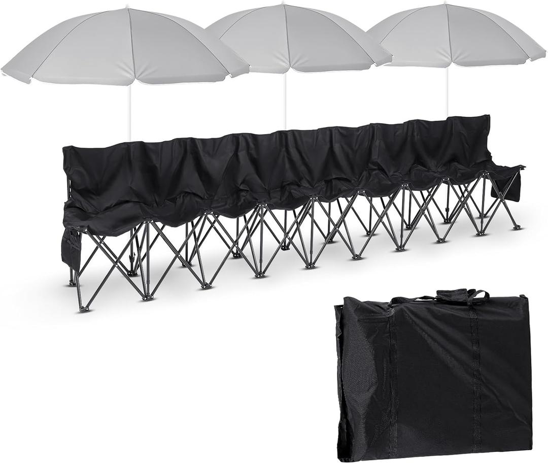 Cinnvoice Folding Soccer Bench Chair Portable Team Sports Sideline Team Bench Seat with Umbrella for Football Camp Travel Events Outdoor Seating with Storage Bag (9 Seat)