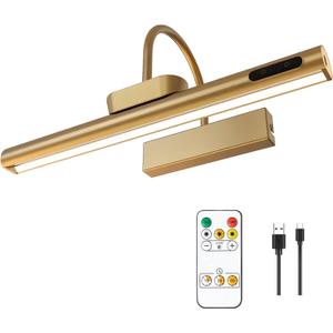 LYTARA Dimmable Cordless Picture Light with Controller and Timer, Rechargeable 5000mAh Battery Wall Sconce for Wall Pictures, Gallery Artwork, Paintings, Portraits, Dartboards (Gold) (14"L x 6.3"W x 6.3"H)