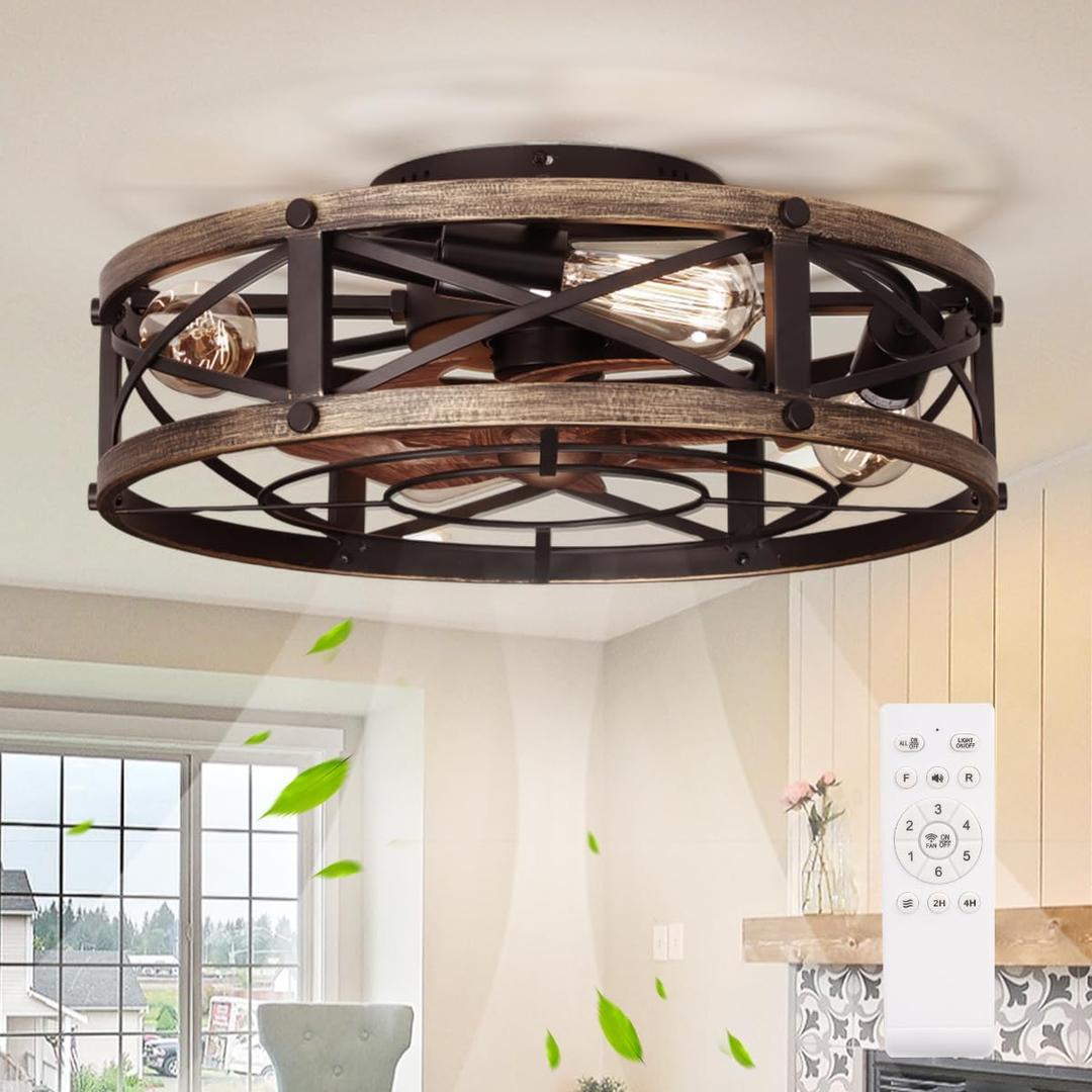 19" Farmhouse Flush Mount Caged Ceiling Fans with Lights, 6 Speeds, Rustic Low Profile Ceiling Fan with Light and Remote, Small Bladeless Ceiling Fans with Lights for Kitchen, Bedroom - ETL (Gold)
