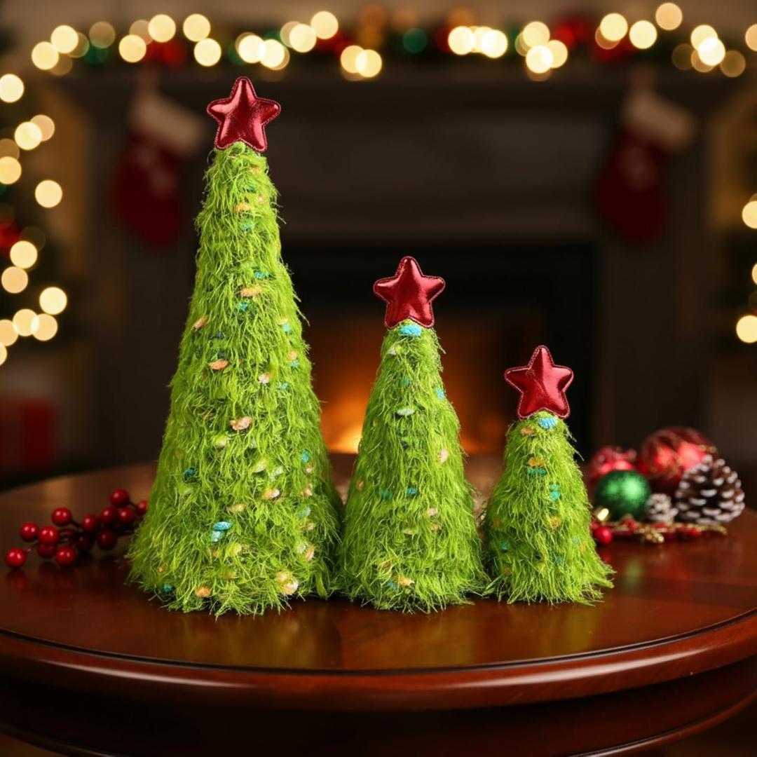 Soulchen 3 Pcs Lime Green Christmas Tree Tabletop Mini Green Cone Christmas Tree Centerpiece Artificial Yarn Elf Decorations for Home Ornaments Xmas Party Supplies Holiday Table