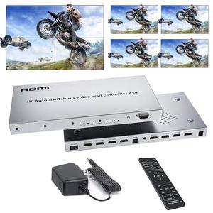 4k Video Wall Controller 4X4 Matrix Switch Splitter 4 HDMI in 4 HDMI Out Switcher 3.5mm Output Audio Support Auto Switching IR Remote RS232 180° flip 12 Splicing Modes 2x2 1x2 1x3 1x4 2x1 3x1 4x1 etc