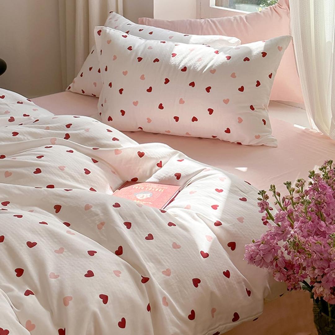 Duvet Cover Set King Size,White Pink Red Heart Printed Bedding Duvet Cover Girls Teens,Soft Microfiber Comforter Cover King with Zipper Closure and 2 Pillow Shams