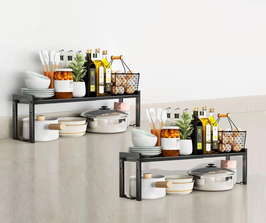 2 Pack Expandable Cabinet Shelf Organizer 16-26" L Stackable Kitchen Counter Shelves Rack Stand Sink Riser Countertop Storage Black (Normal 7.9D)