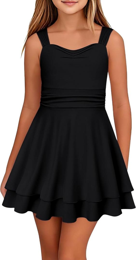 Tween Girls Sleeveless Summer Dress Kid Casual Beach Mini Loose Athletic Dresses 9-19 Years Old (Black)