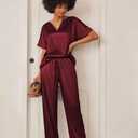 Ekouaer Satin Pajama Set Womens Silk Short Sleeve V Neck Shirt with Long Pant Soft Loungewear Pjs Set (Red, XXL)