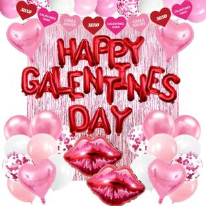 51 Pcs Happy Galentines Day Decorations Set, 18pcs Red Letter Balloons, Pink Heart and Lips Foil Balloons, Pink Backdrop & Banner Cute Galentines Day Decorations for Girls Party