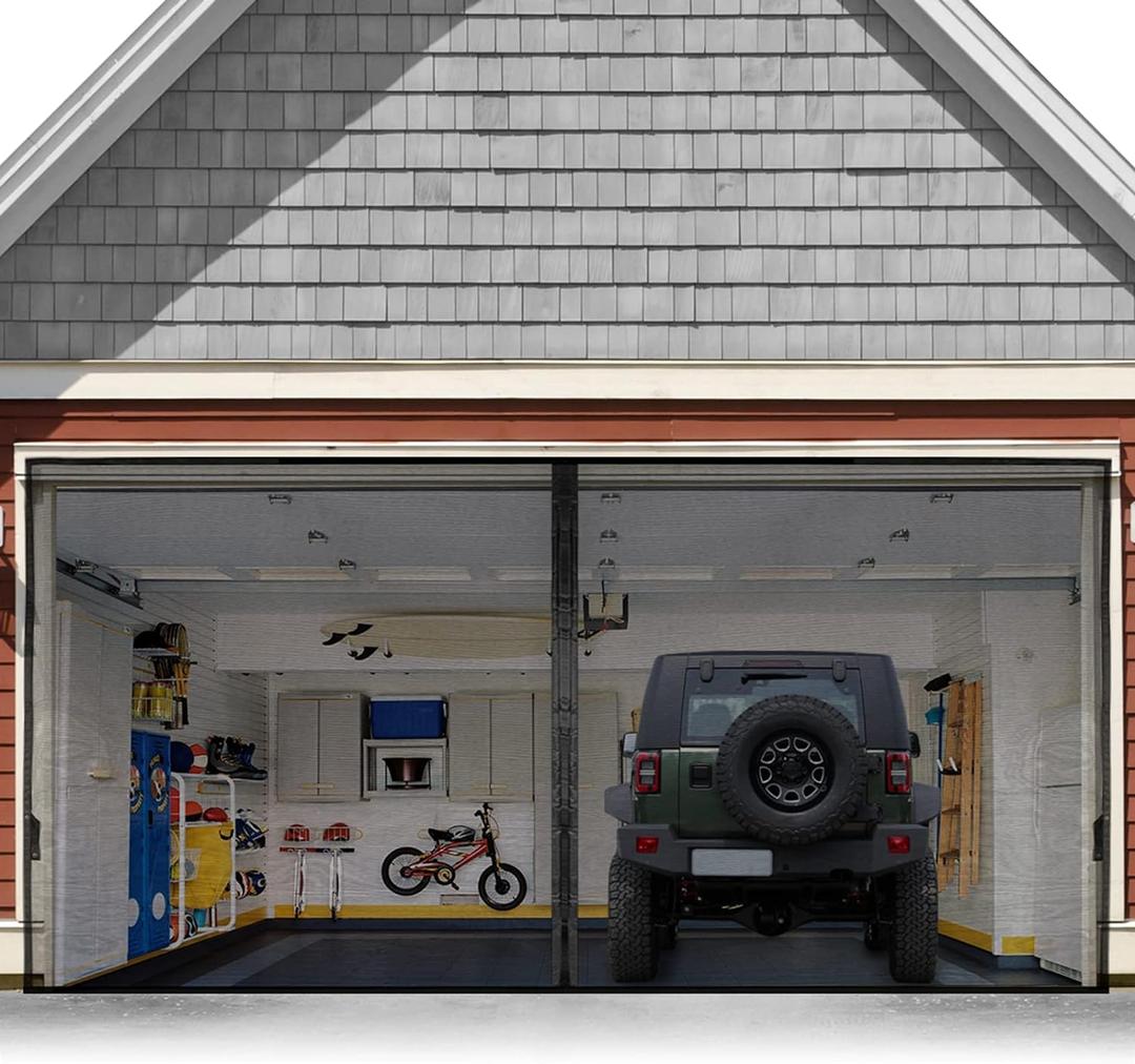 FEGO Magnetic Garage Hands Free Screen Door for 2 Car with Retractable Fiberglass, Mesh and Heavy Duty Weighted Bottom, Easy Assembly & Pass with 36 Magnets for Garage/Patio, Black, 16.3 X 7.15ft