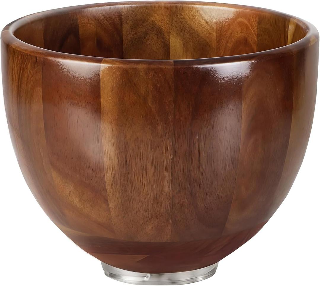 5 Qt Wood Mixing Bowl, Compatible with KitchenAid 4.5-5 Quart Tilt-Head Stand Mixers, Handcrafted Acacia Wood Replacement Bowl with Stainless Steel Base, Quiet & Non-Stick for Baking
