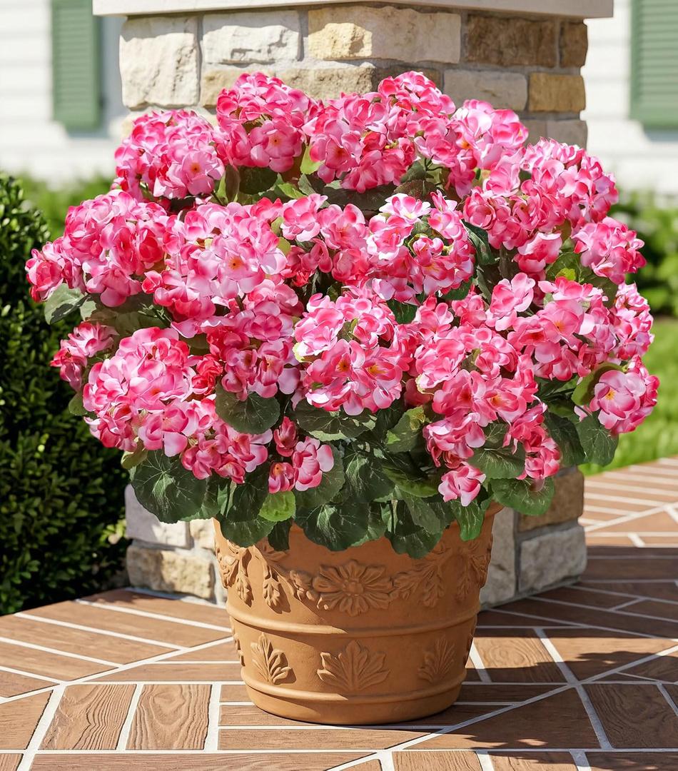 Fake Geraniums Artificial Flowers for Outdoors Outside, 6 Bundles Pink Silk Geraniums Fake Flowers Plants UV Resistant Realistic Faux Flowers for Outdoor Planters Garden Balcony Yard Porch Indoor