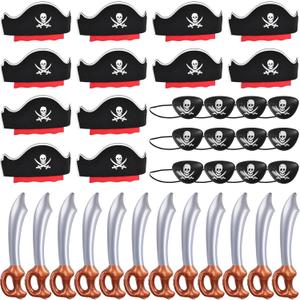 ZeeDix 36 Pcs Pirate Accessories for Kids, Include 12 Pirates Hats, 12 Eye Patches and 12 Swords, Pirate Party Decorations for Christmas, Halloween, Masquerade, Cosplay, Birthday (Black)