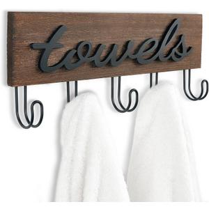 Mkono Towel Holder Wall Mounted Towel Racks for Bathroom Farmhouse Decor Rustic Wood Towel Hooks Hang Towels Bathrobe Coat Clothing 12.6" x 5.2" Bath Towel Hanger Storage Organizer