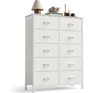Sweetcrispy 10 Drawer Fabric Dresser Storage Tower with Bins, Tall Chest Organizer for Bedroom Closet Hallway, Steel Frame Wood Top Easy Pull Handles,White