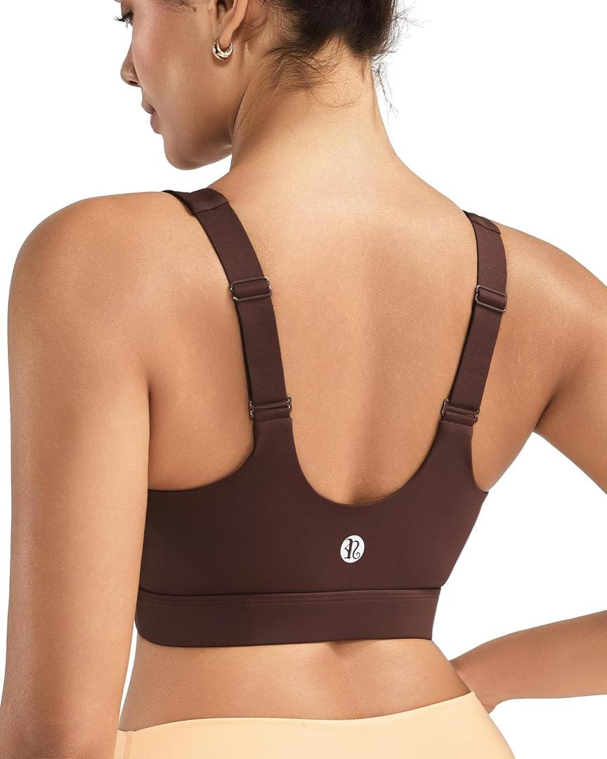 RUNNING GIRL Adjustable Straps High Impact Sports Bra for Women,High Support Workout Sports Bras with Sewn in Pads (Brown, L)