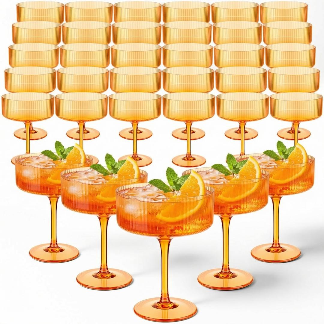36 Pcs Plastic Coupe Glasses 10oz Reusable Ribbed Martini Glasses Shatterproof Champagne Tower Unbreakable with Stem for Espresso Martini Whiskey Margarita Birthday Party Bar Home Wedding(Amber)