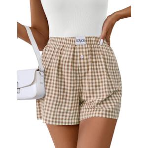 LOMON Womens Boxer Shorts Casual Summer Cotton Pajama Lounge Sleep Pj Gingham Plaid Shorts Y2K Beach Bottoms (Light Brown White Plaid S)