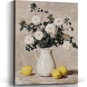 Voxitura Vintage Floral Lemon Farmhouse Wall Art Canvas, Rustic Flower Wall Decor Living Dining Room, Antique Still Life Paintings Pictures Prints Framed Decorations for Bedroom Kitchen 12x15in