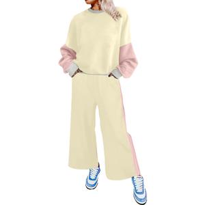 SHEWIN Women's 2 Piece Lounge Sets For Women Casual Long Sleeve Tops and Wide Leg Pants Matching Set (Small, Apricot)