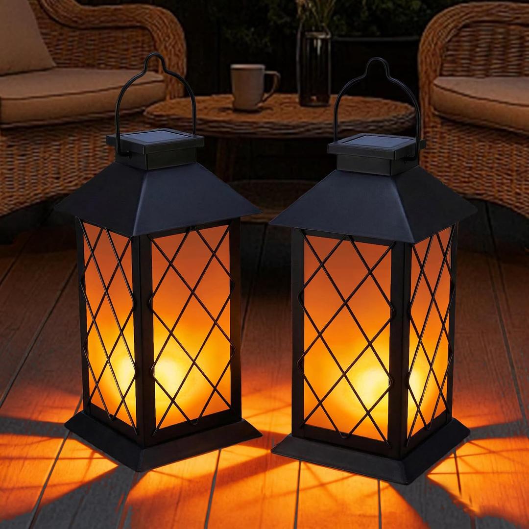 Solar Lanterns Outdoor Waterproof, 2 Pack 13" Metal & Glass Hanging Solar Lantern Lights, Cross Pattern IP46 Decorative Outdoor Solar Lanterns for Patio Table Yard Porch Garden Decor