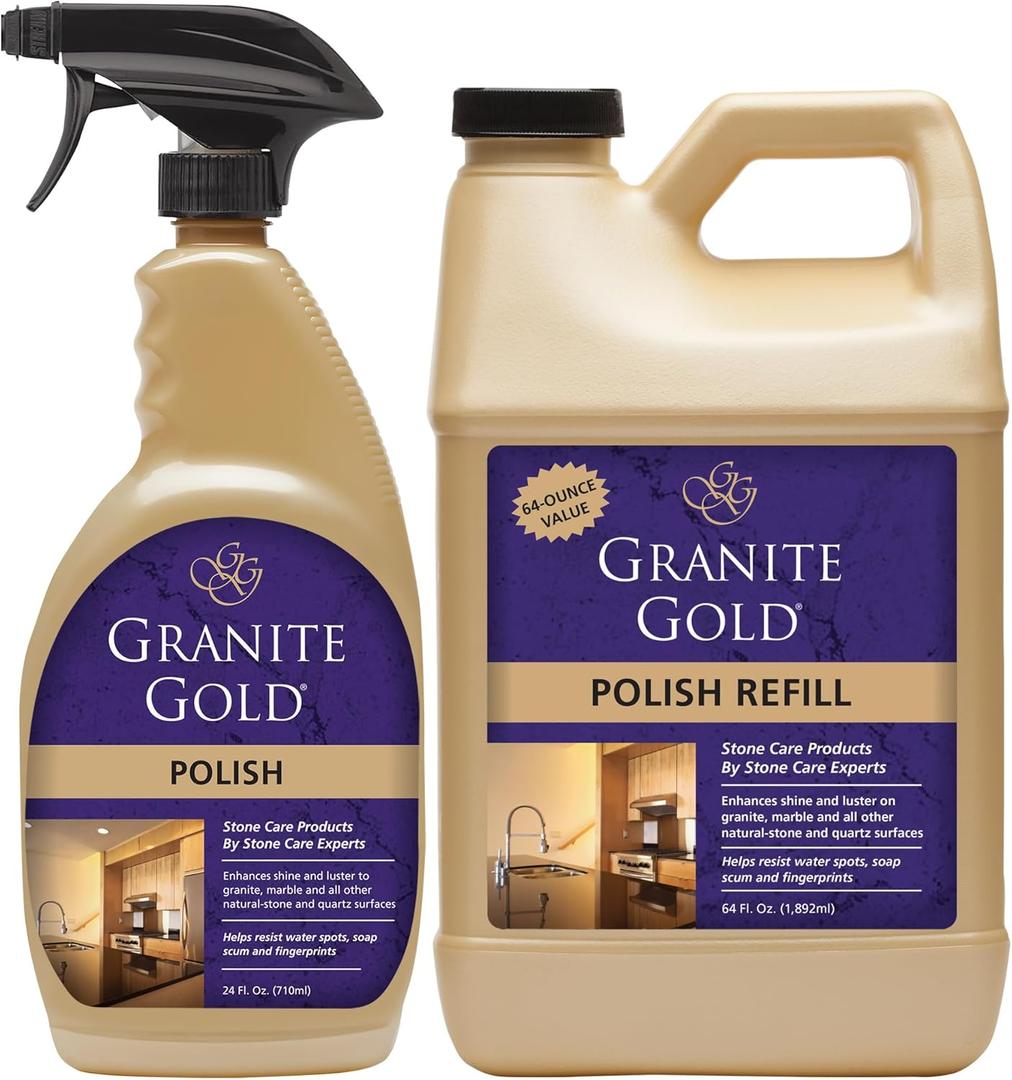 Granite Gold Polish Spray, Streak-Free Shine for Granite, Quartz, Marble, Travertine, Natural Stone Countertops, 64 Fluid Ounces and 24 Fluid Ounces (88 Fl Oz (Pack of 1)