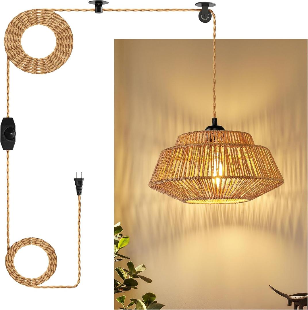 Hanging Lamp Plug in Pendant Light - Boho Rattan Pendant Lights for Ceiling Dimmable Hanging Lights with 23ft plug in Cord Wicker Woven Lampshade Hanging Lamp for Bedroom Living Room Kitchen Island