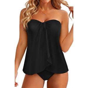 Tempt Me Two Piece Tankini Bathing Suits for Women Halter Bandeau Swim Top with Bottom Flyaway Tummy Control Swimsuit (Black, M)