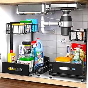 Mlinavn 2 Pack Under Sink Organizer, Pull Out Cabinet Organizer 2 Tier Slide Out Sink Shelf Cabinet Organizer and Storage, Adjustable Under Counter Organizers for Under Kitchen Bathroom Organization