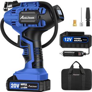Avid Power Cordless Tire Inflator Portable Air Compressor, 20V Rechargeable Battery Tire Pump w/ 12V DC Power Adapter, Digital Pressure Gauge, Auto Air Pump for Many Inflatables (Blue)