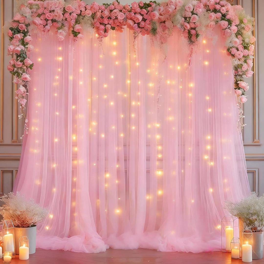 10x10ft Baby Pink Tulle Backdrop Curtain with Lights String for Parites, Sheer Photo Backdrop Curtains with Lights for Wedding Backdrop Ceremony Reception Bridal Shower Baby Shower Birthday Party (2 Panels(5*10FT))